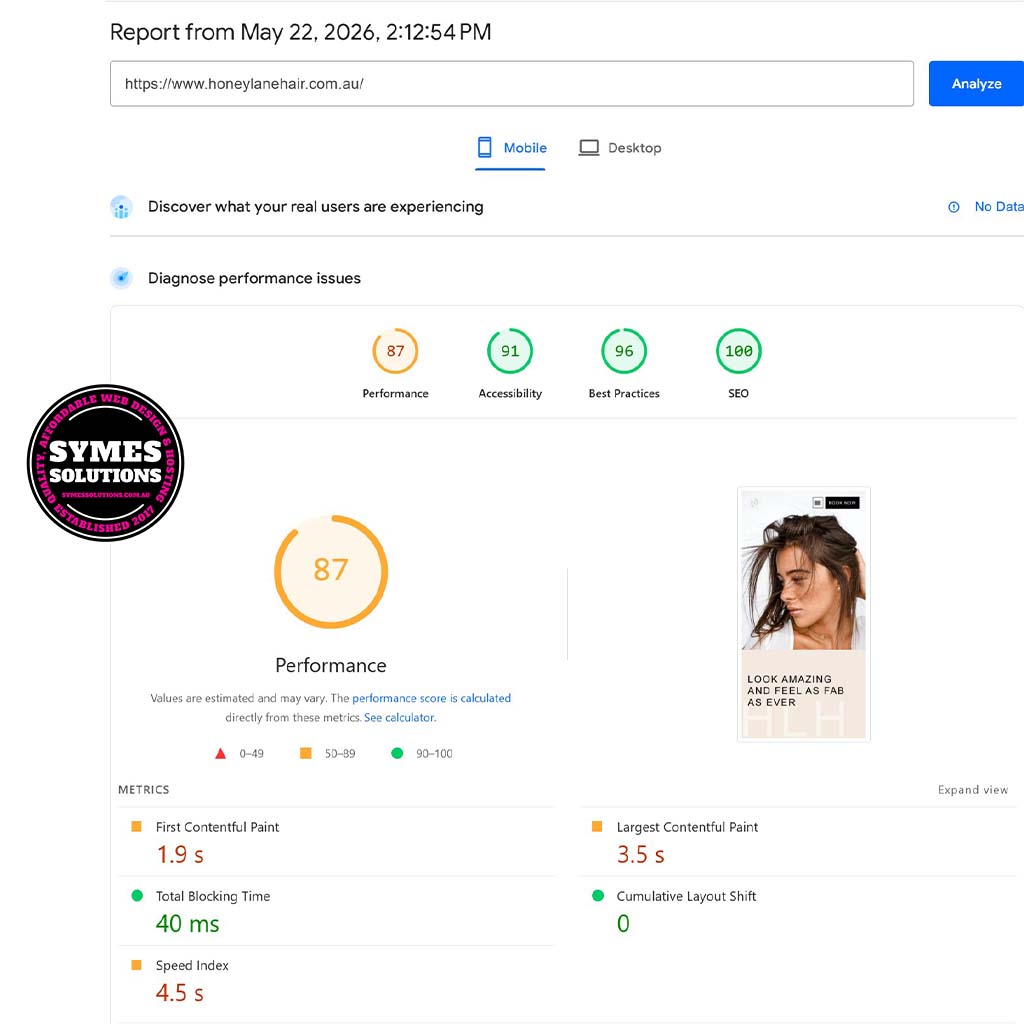 Honey Lane Hair mobile PageSpeed Insights performance score by Symes Solutions